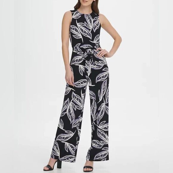 DKNY black white and purple print wide leg belted jumpsuit size 12 - Picture 1 of 9